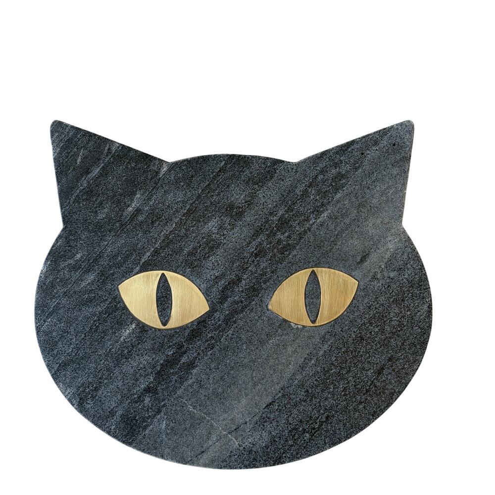 Godinger Black Cat Shaped Marble Serving Board With Brass Inlay 12x10.5 NEW
